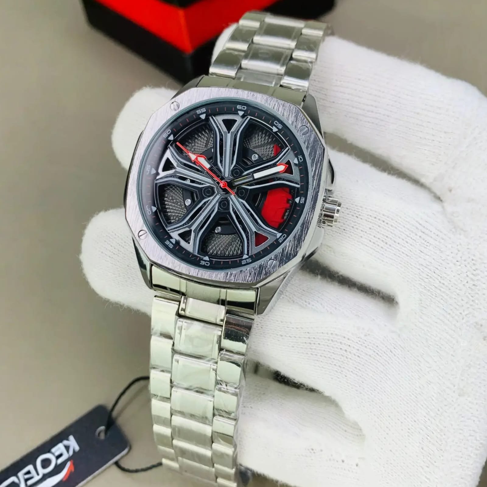 KECIO Luxury Automotive Rim Dial Men's Watch - Silver Chain with Red Caliper & Car Wheel Spoke Design + Premium Gift Box